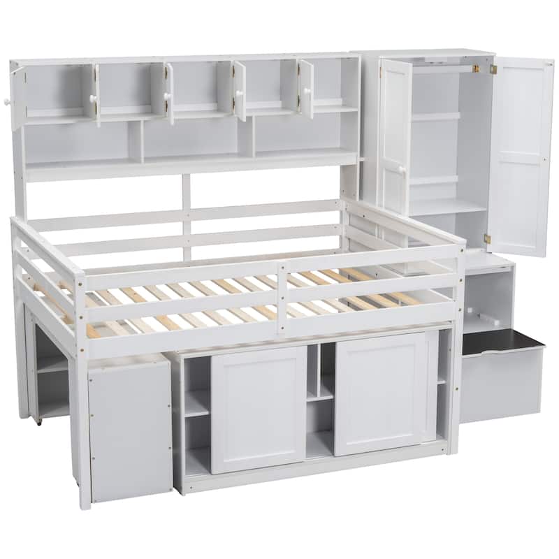 Wooden Loft Bed with Integrated Wardrobe, Under-bed Desk, Drawers, with Shelves