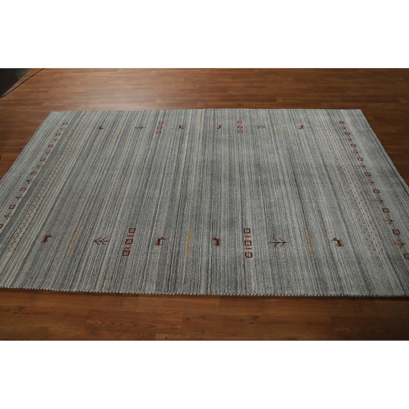 Hand Knotted Oriental 100% Wool Carpet Tribal Animal Pictorial Greys & Charcoal Gabbeh Area Rug - 8' 0'' X 5' 0''