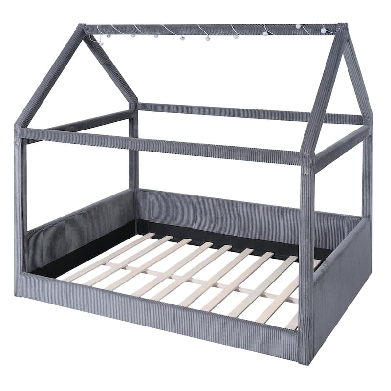 Full Size Upholstered Bed Frame Floor Daybed House Bed with House Roof LED Light Strips and Wood Slat Support for Childrens Room