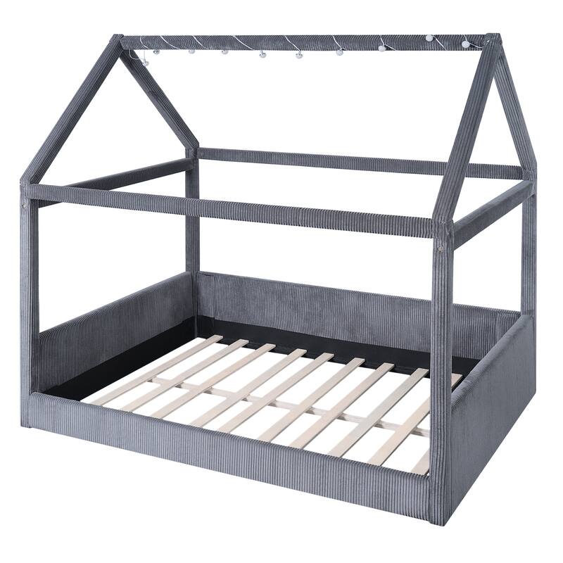 Full Size Upholstered House Daybed with LED Light Strips, Grey