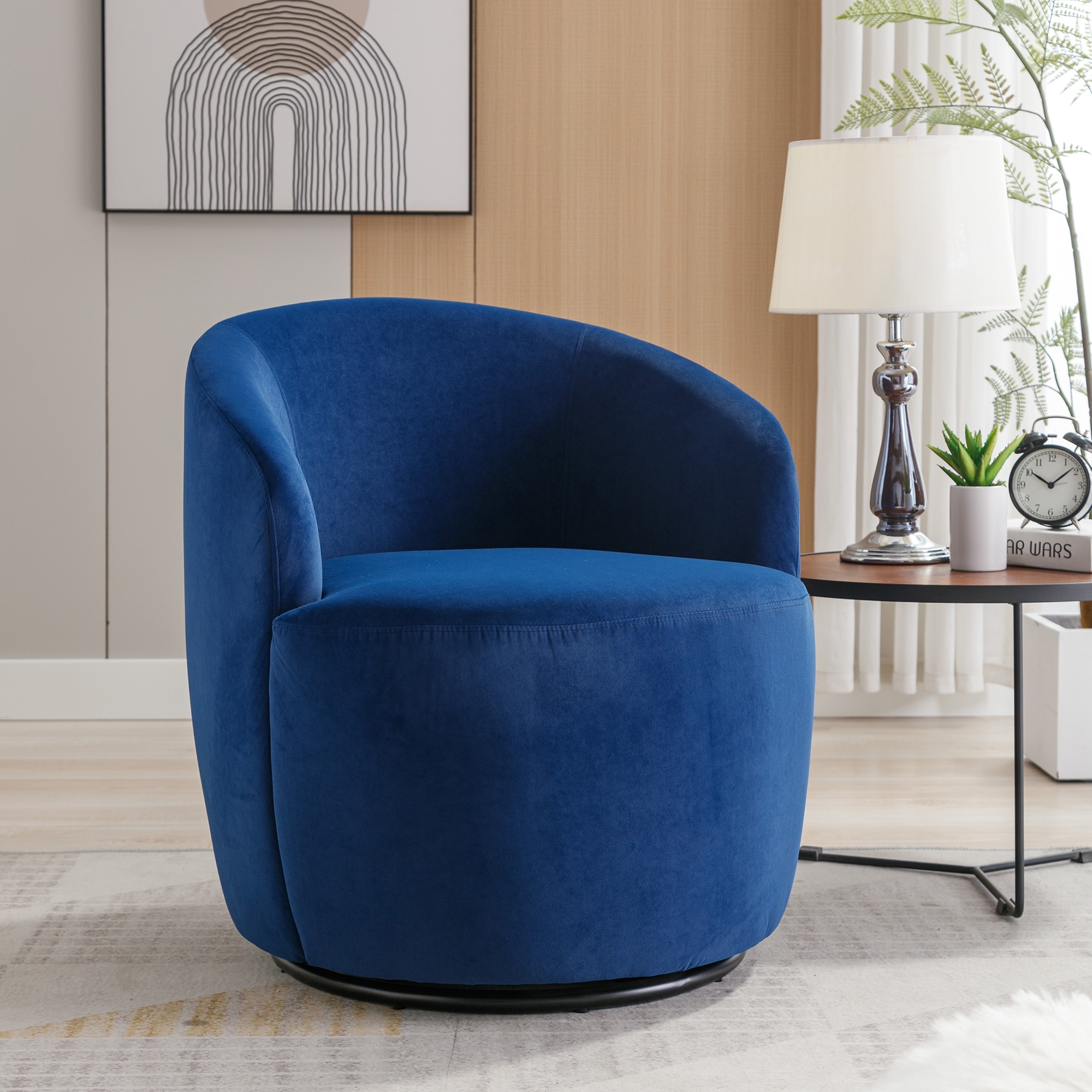 Velvet Fabric Swivel Accent Armchair Barrel Chair with Black