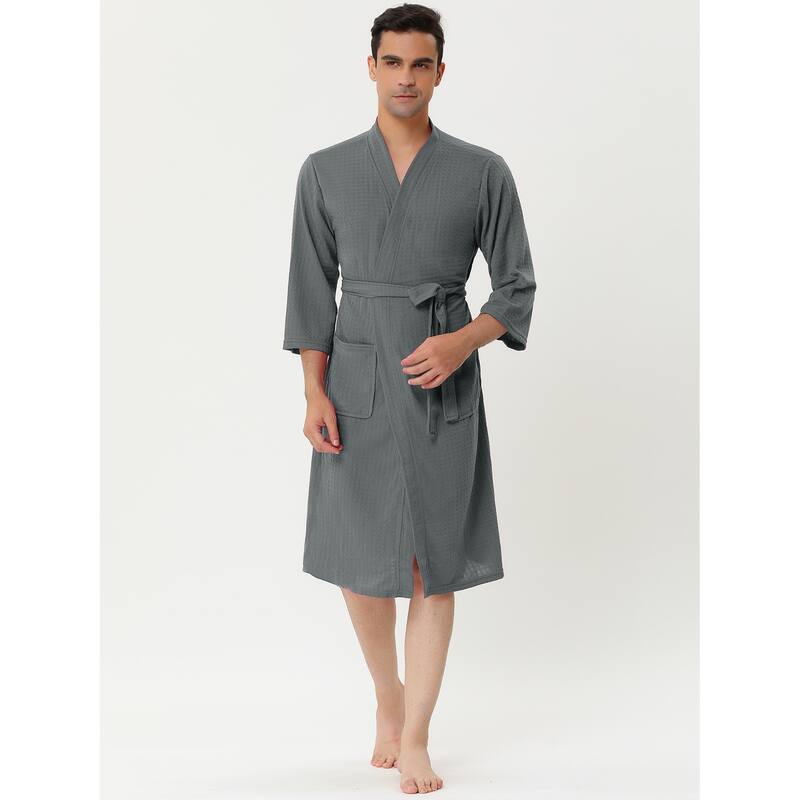 Men's Waffle Bathrobe Solid Color Sleepwear 3/4 Sleeve Kimono Spa Robe - Gray - XS
