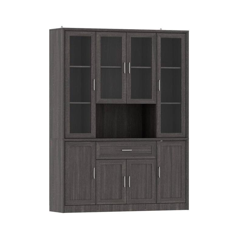 Modular Glass Door Bookcase Wall Unit with Storage Cabinets and Drawers, Dark Oak Display Hutch for Living Room or Home Office