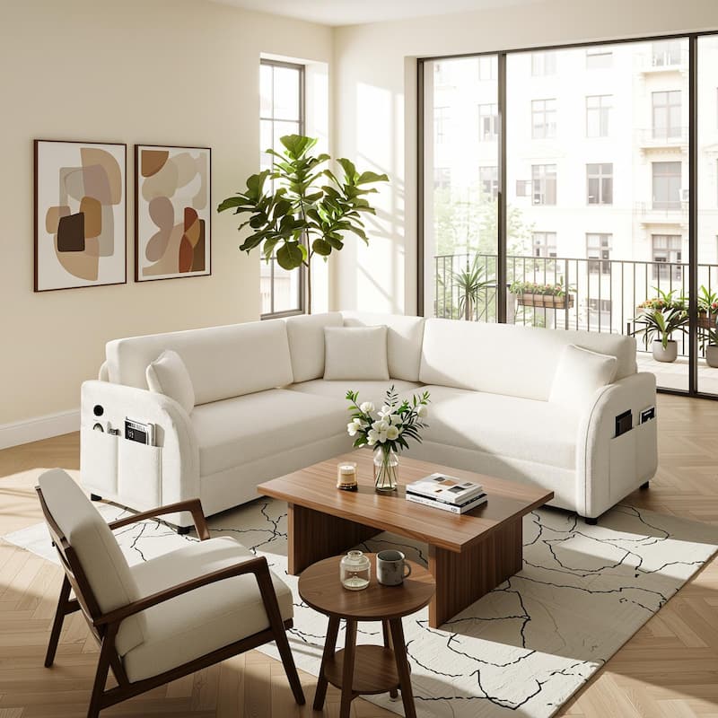 Homy Casa 85"/115" L-Shaped Sectional Sofa Bed USB & Side Pocket, Teddy Fabric Pull-Out Sleeper, Reversible Chaise, Multi Colors