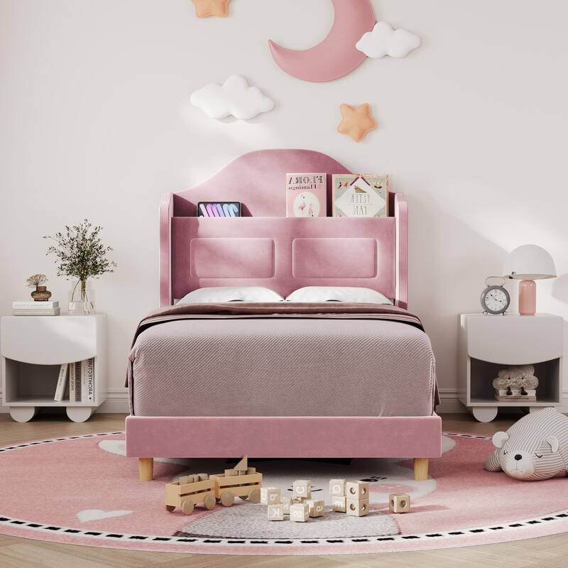 Upholstered Twin Bed Frame, with Wing Back Storage Headboard and Led Lights - Pink