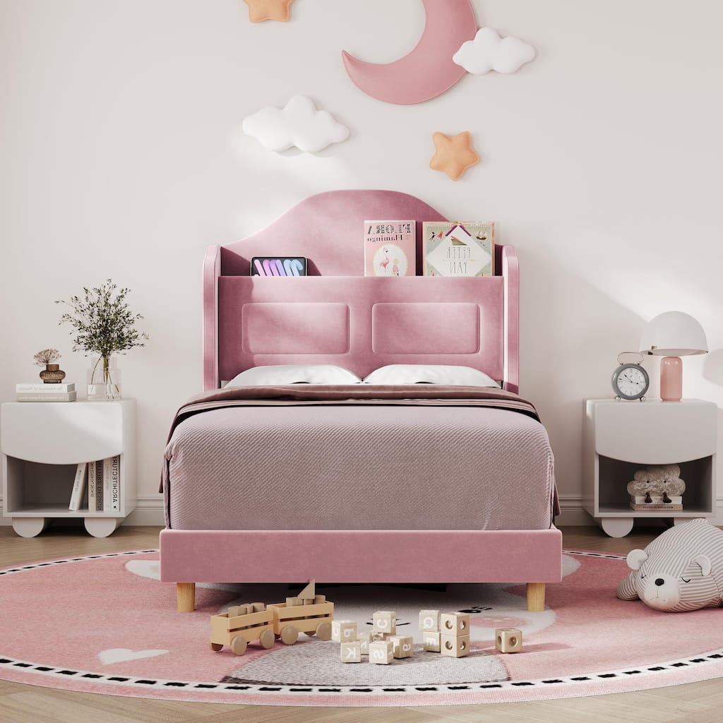 Upholstered Twin Bed Frame, with Wing Back Storage Headboard and Led Lights