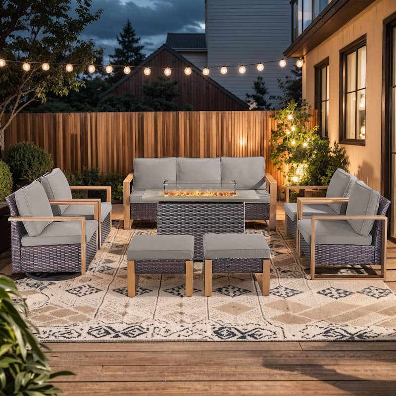 Pocassy Fire Pit Table with Outdoor Sofa Chair Ottoman Set - Brown Wicker Gray Cushion - 8-Piece Sofa Chair with Fire Table