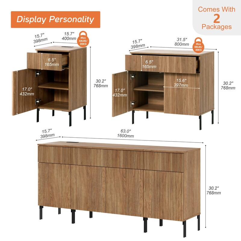 Modern Reeded Dresser TV Stand For Tvs Up To 75 Inch, Entertainment Center With Charging Station