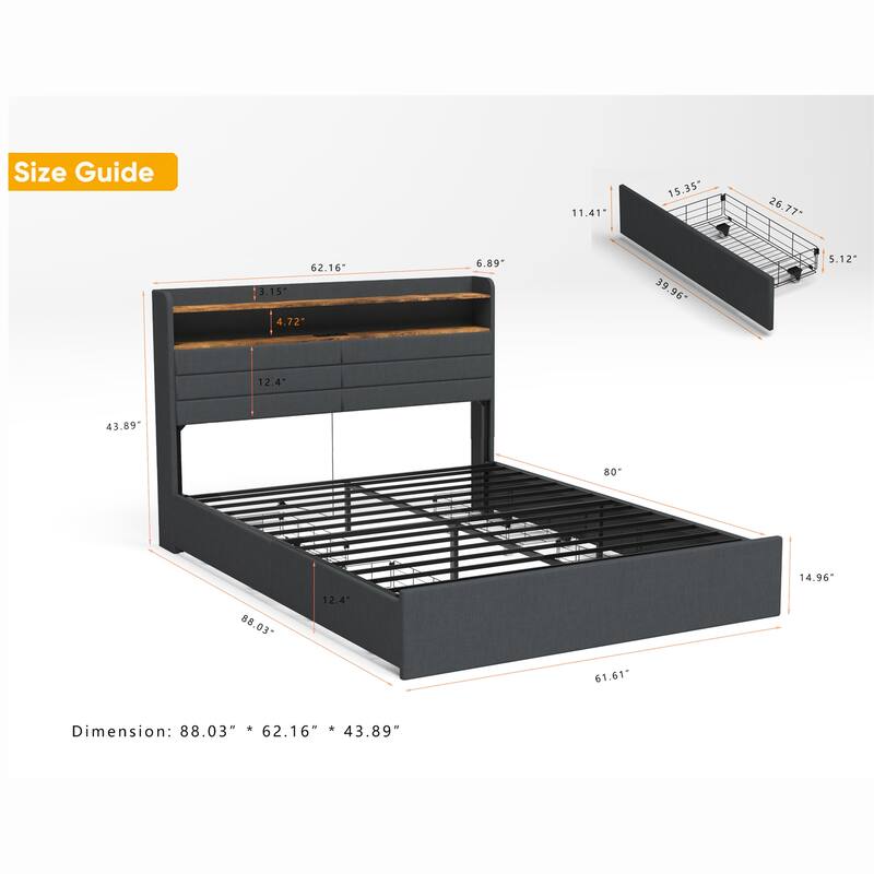 Full/Queen Size LED Upholstered Platform Bed w/ Drawers,Charging Station