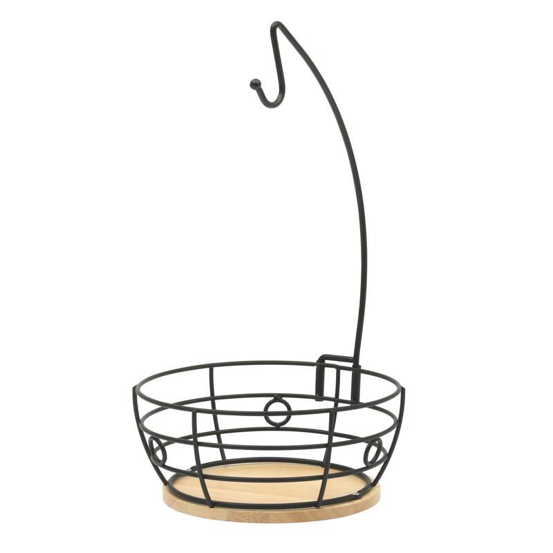 Gibson Home Fruit Basket Bowl with Banana Hanger - Black Metal Wire & Rubberwood Base - Countertop Produce Stand for Fruits