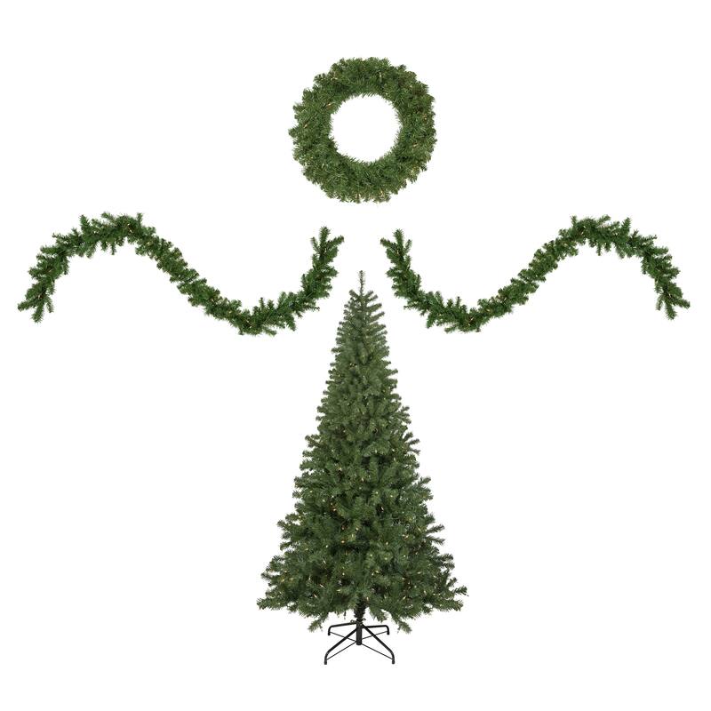 4pc Artificial Wolcott Spruce Tree Wreath Garland Set Clear Lights - 6.5 Foot