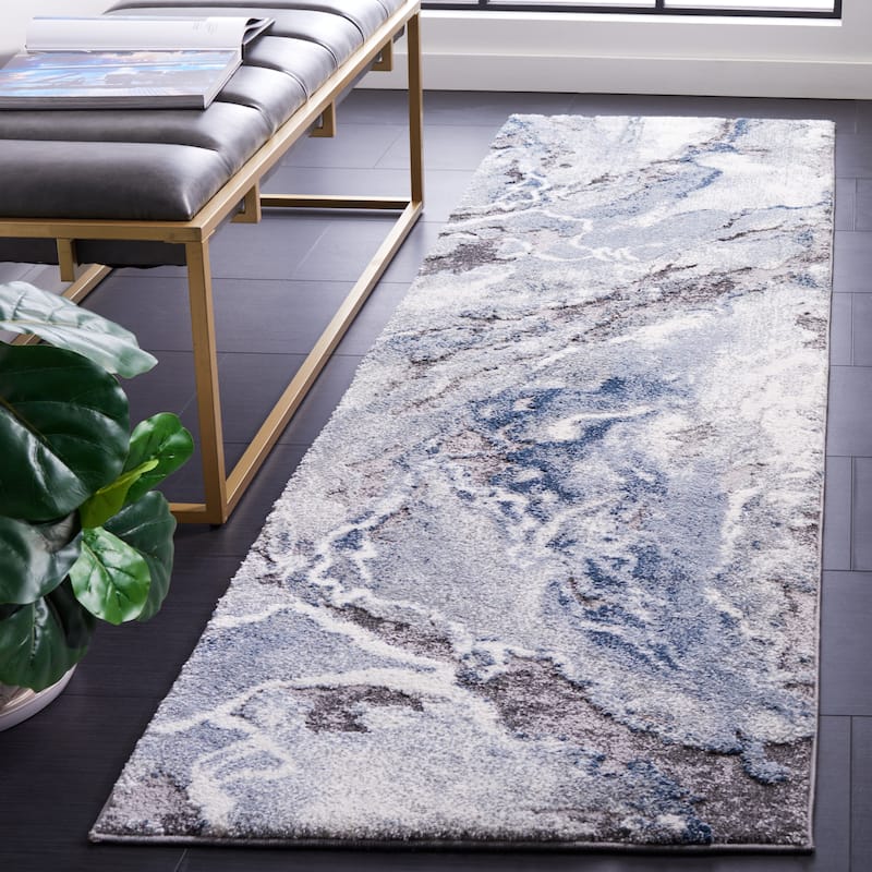 SAFAVIEH Cyrus Shag Kerasoula Abstract 1-inch Thick Rug - 2'2" x 13' Runner - Ivory/Blue - Runner