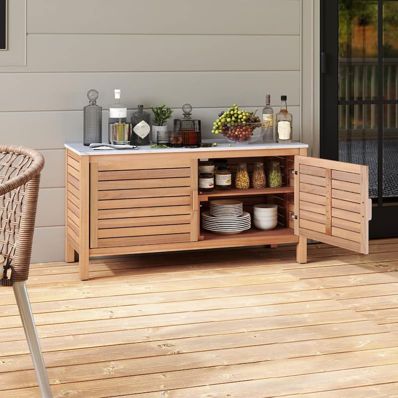 43" Outdoor Wooden Storage Cabinet with Adjustable Shelves and Faux Marble Top Soft-Close Hinges - 43" x 16" x 24"