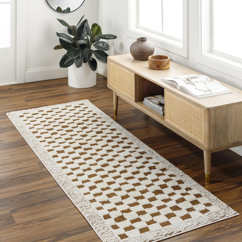 Livabliss Freud Art Deco Checkered Area Rug - 2' 7" x 7' 3" - Burnt Umber/Cream