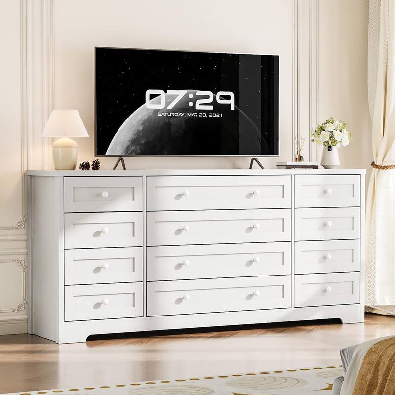 12 Drawer Dresser for Bedroom, Modern Wood Chest with Wide Top for 65" TV, Farmhouse Storage Cabinet