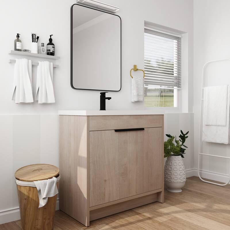 Freestanding Plywood Bathroom Vanity Set in Plain Light Oak with Integrated Sink