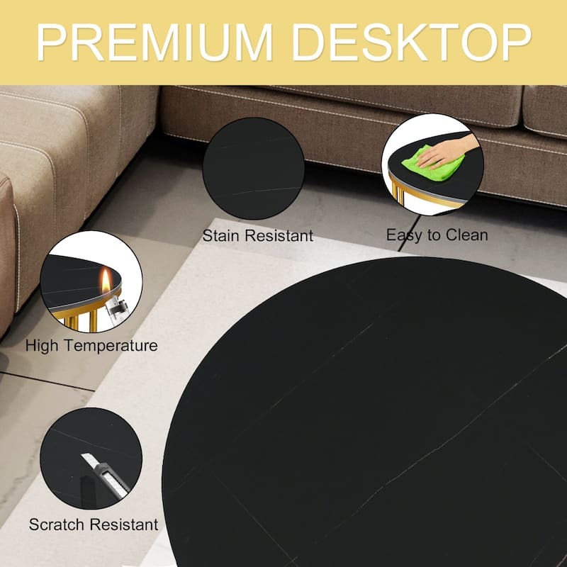 Marsie Modern Round Marble Coffee Table Two-tier Black Gold Tempered Glass Storage Table Top - 36''D x 17.5" H