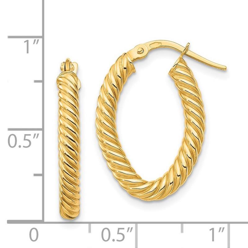 Curata 14k Yellow Gold Small Textured Oval Hoop Earrings - 22.18x14.97mm