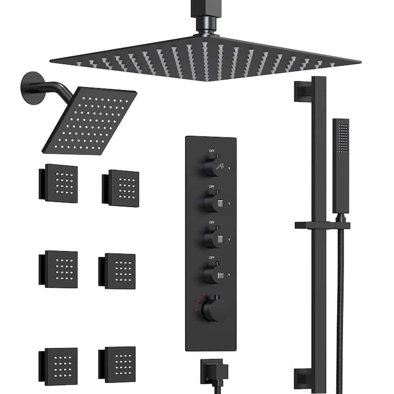 GRANDJOY Thermostatic Bathroom Shower Combo Kit, Dual Showerheads with Handheld and Pressure Balance Control - Matte Black