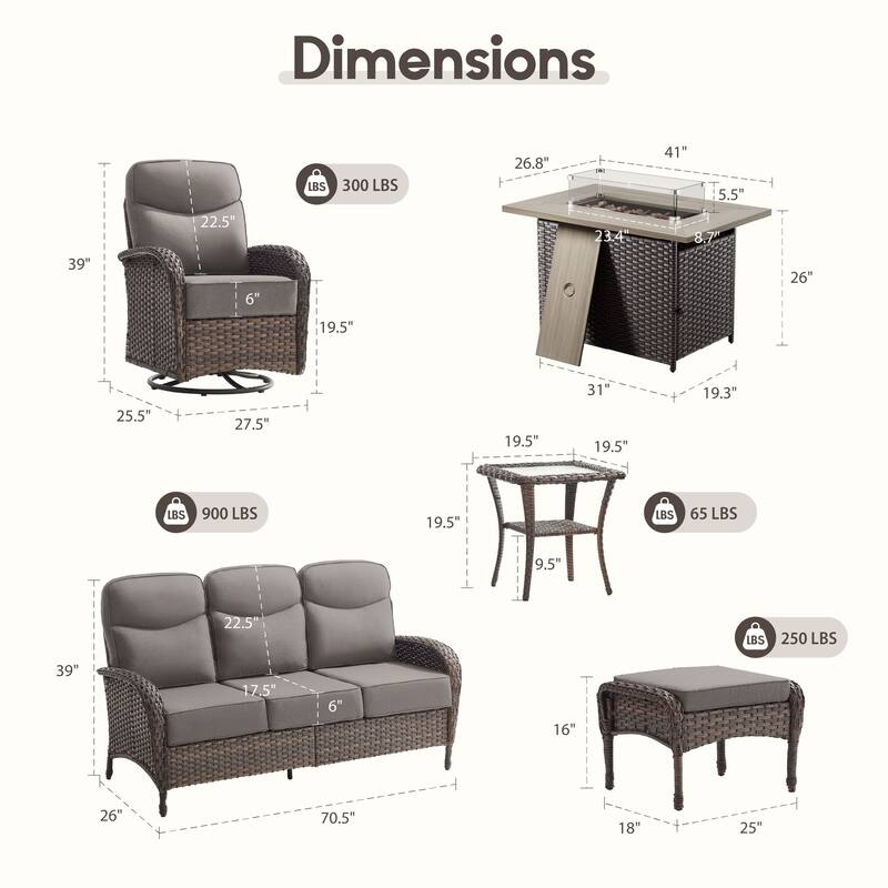 Luna 7-Piece Wicker Outdoor Patio Fire Pit Sofa Set with 6-Inch Thick Cushions