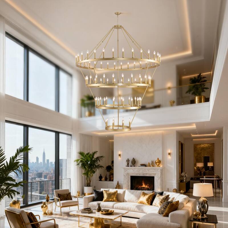 70.87INCH Tiers Wagon Wheel Chandelier Farmhouse 60-Light, Gold Color Metal 4-Story Light Fixtures Adjustable Height E12