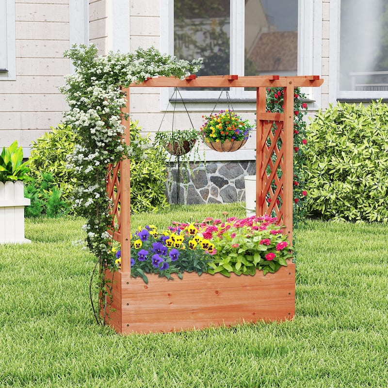 Gymax Raised Garden Bed Wooden Elevated Planter w/Side Trellis &