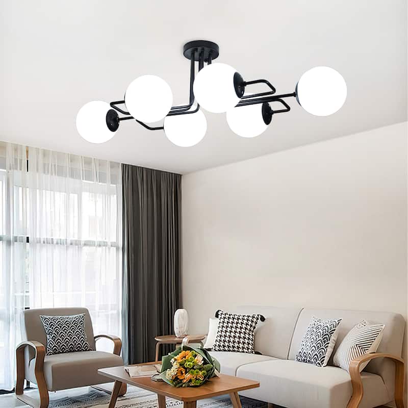 Mid - Century Modern 4 - Light Chandelier, Brass Frame with Glass Globes