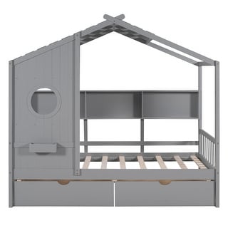 Twin Wooden House Bed with Roof, Drawers, and Storage Shelf