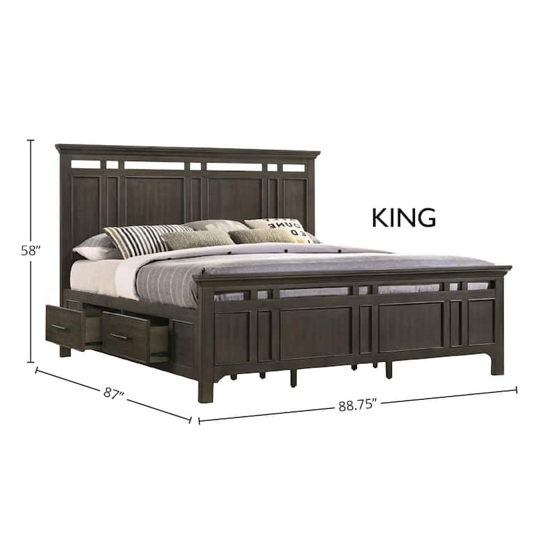 Hawthorne Solid Wood Panel Bed with Storage, Brushed Charcoal, King