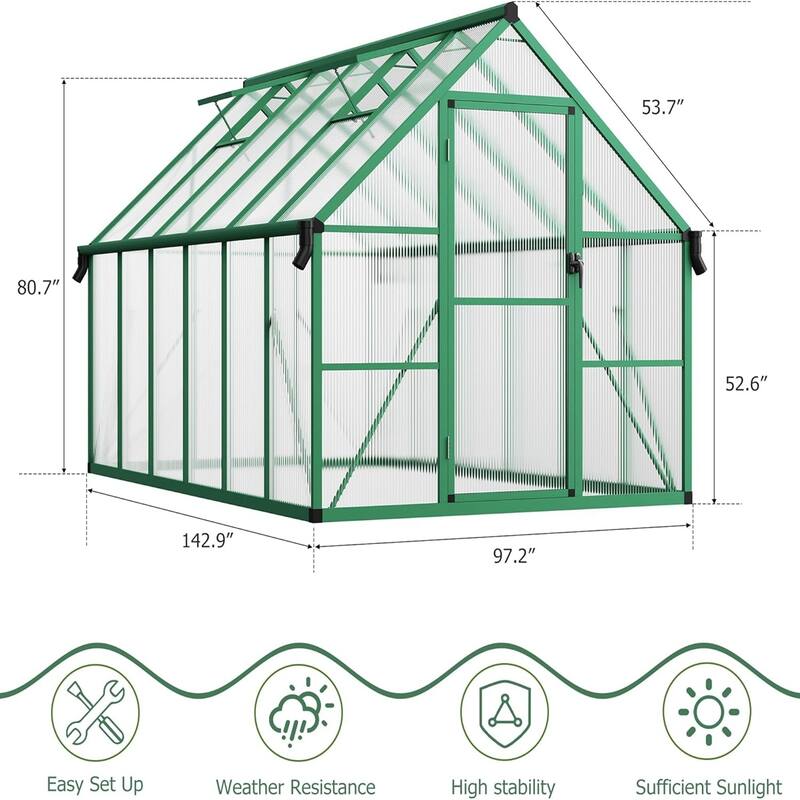 8x12 FT Outdoor Greenhouse, Polycarbonate Greenhouse with Roof Vent and Ground Nails, Green - 8*12FT