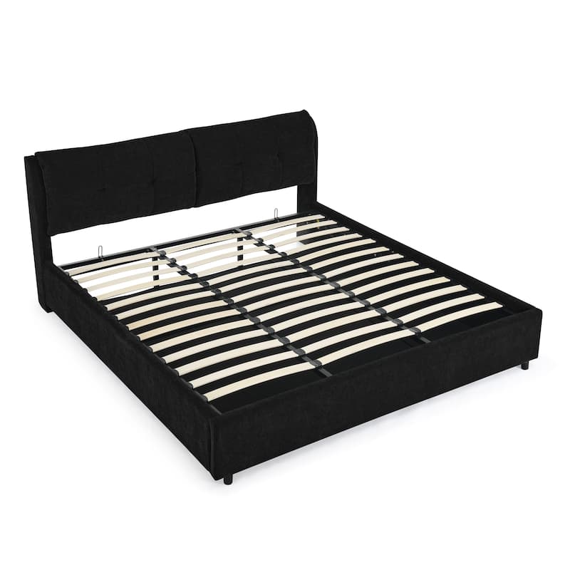 King Size Chenille Upholstered Low Platform Bed with Hydraulic Storage