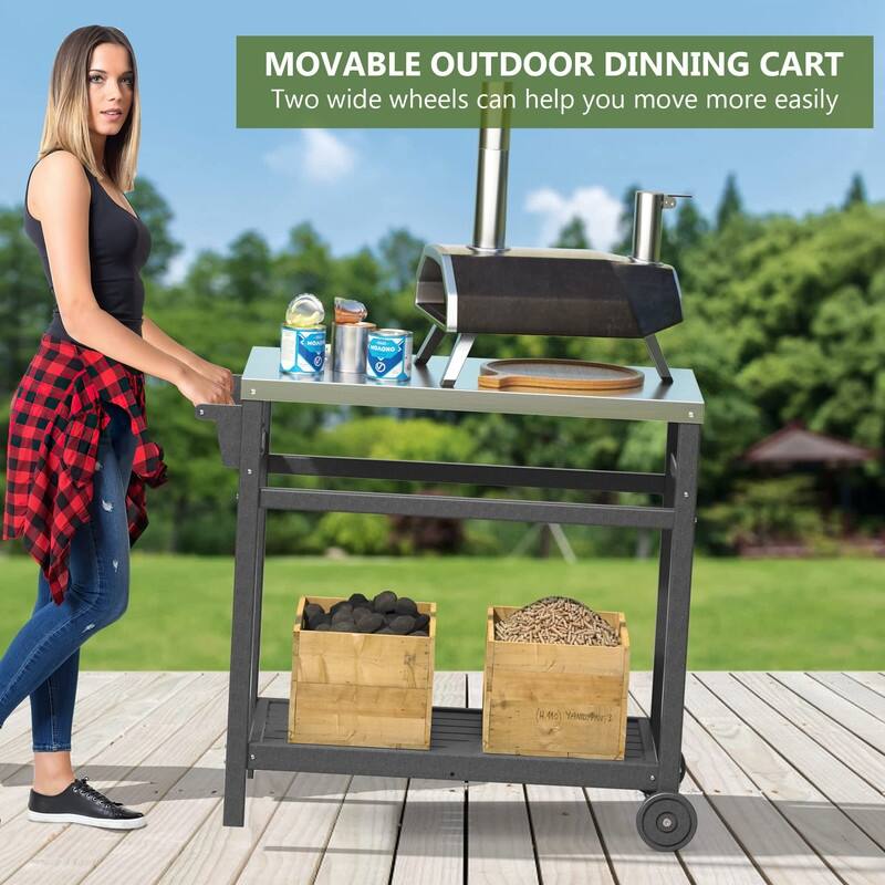 Portable Outdoor Grill Cart with HDPE Legs,Stainless Steel Top&Double-Shelf Storage for BBQ Prep Table