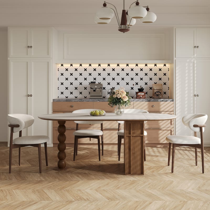 71" Extendable Oval Dining Table For 4-6, Modern Kitchen Table With Travertine Sintered Stone Top & Storages, Beige - Travertine Sintered Stone