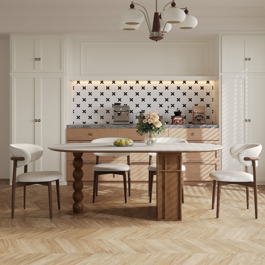 71" Extendable Oval Dining Table For 4-6, Modern Kitchen Table With Travertine Sintered Stone Top & Storages, Beige
