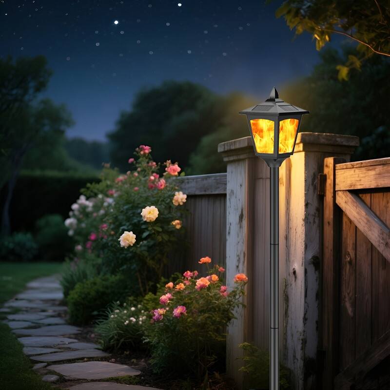 40" Solar Flame Flickering Lights Outdoor, LED Post Lanterns for Garden & Pathway, Waterproof - Black