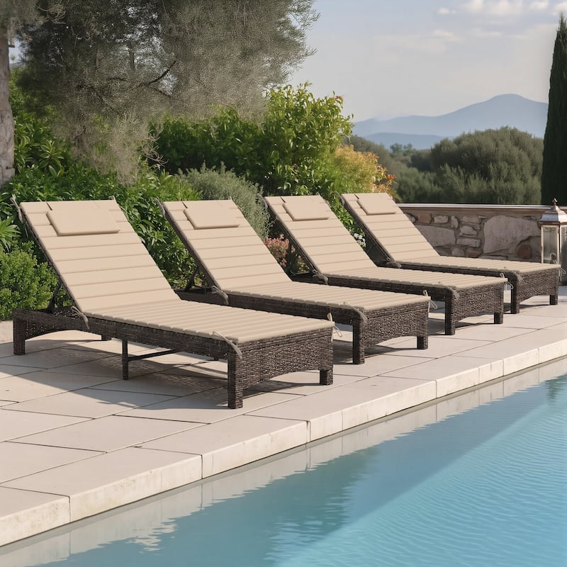 Outdoor Chaise Lounge Cushion Quilted Patio Sun Lounger Pad with Straps - 4PC - Beige, Fits 78"-82" chaise