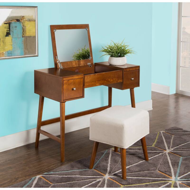 47" Walnut Brown Mid Century Vanity Set with Mirror and Stool