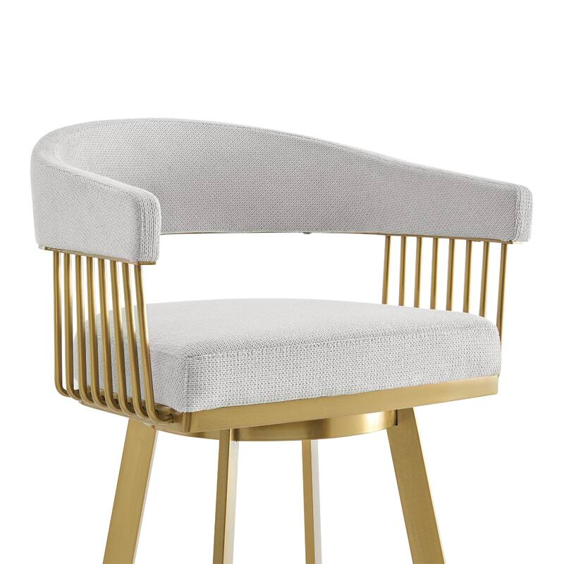 Luci Swivel Barstool Chair, Gold Steel, Taper Legs, Silver Polyester