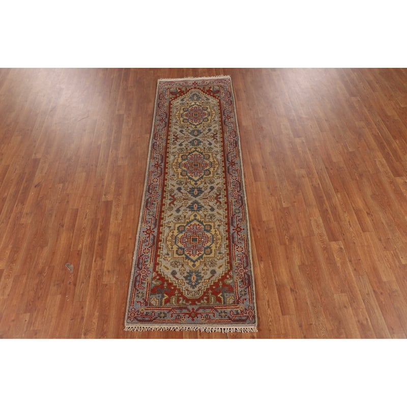 Geometric Gray Kazak Indian Runner Rug Handmade Wool Carpet - 2'6"x 7'11"