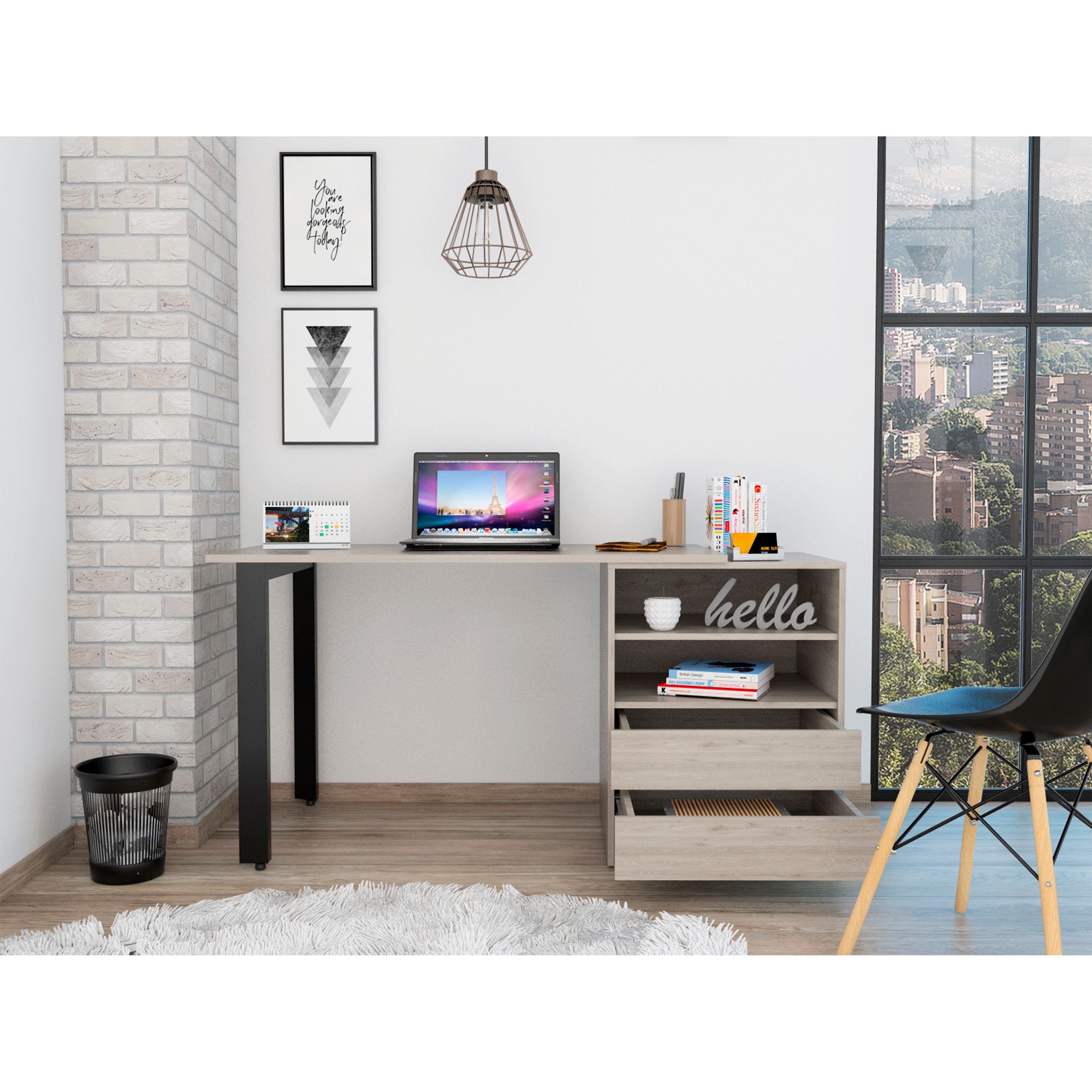 Writing Computer Desk with Two Legs, Two Drawers & Two Shelves