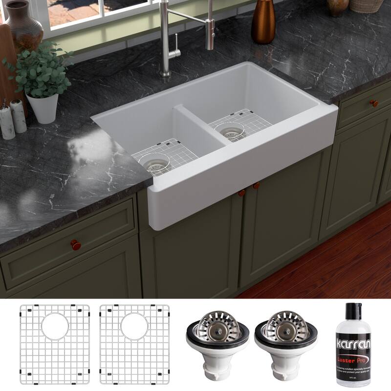 Karran Retrofit Farmhouse Quartz 34 in. Double Bowl 50/50 Sink Kit