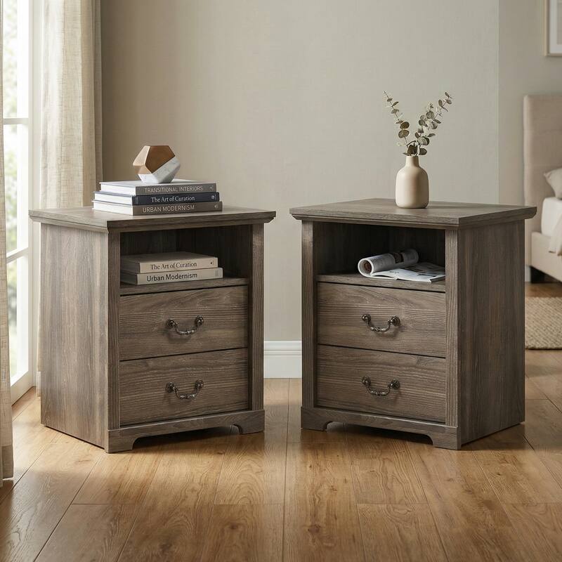 247 Shop At Home Marie 2-Drawer Set of 2 Nightstands with Open Storage Shelf - Dark Grey