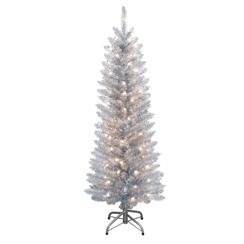 Puleo International 4.5 ft. Pre-Lit Silver Tinsel Artificial Tree