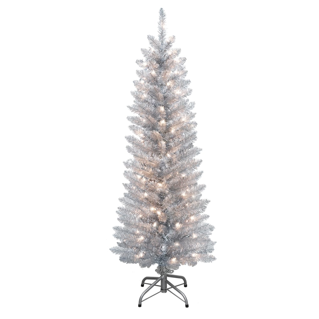 Puleo International 4.5 ft. Pre-Lit Silver Tinsel Artificial Tree