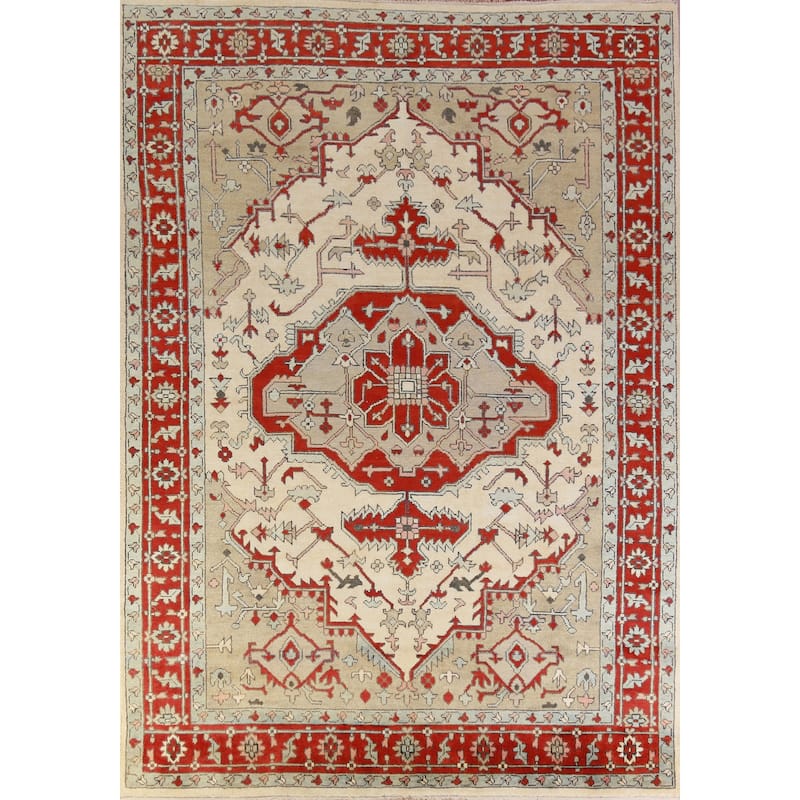 Hand Knotted Oriental 100% Wool Carpet Traditional Medallion Beige & Ivories Heriz (serapi) Area Rug - 11' 9'' X 8' 9''