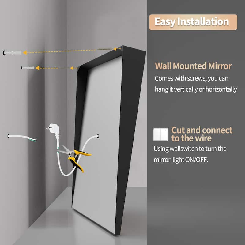 Dimming Front-lit Black Frame Bathroom Vanity Mirror Fixed Tilt Design for Disabled - 23.62x35.43''