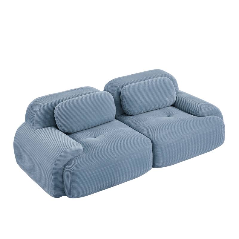 Anmytek 82 Inch Blue Corduroy Modular Loveseat Sofa with Curved Arms and High Resilience Sponge
