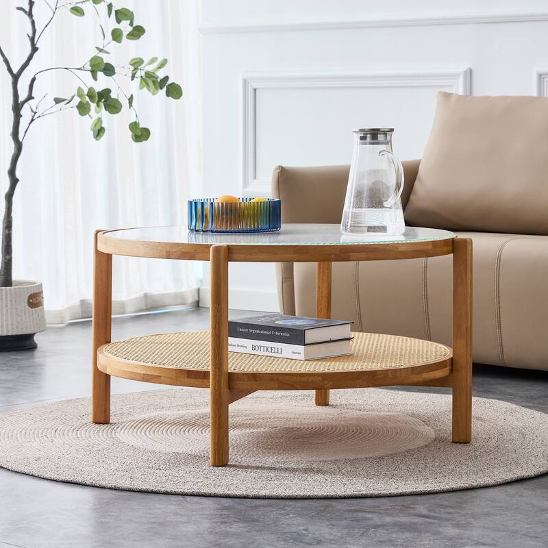Circular double-layer solid wood tea table - Natural Wood