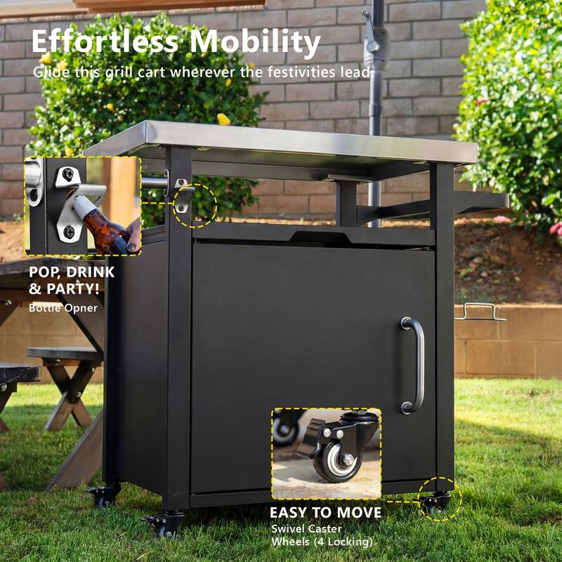 39.5" Outdoor Grill Cart with Storage Cabinet, Wheels, Stainless Steel Top, Spice & Paper Rack