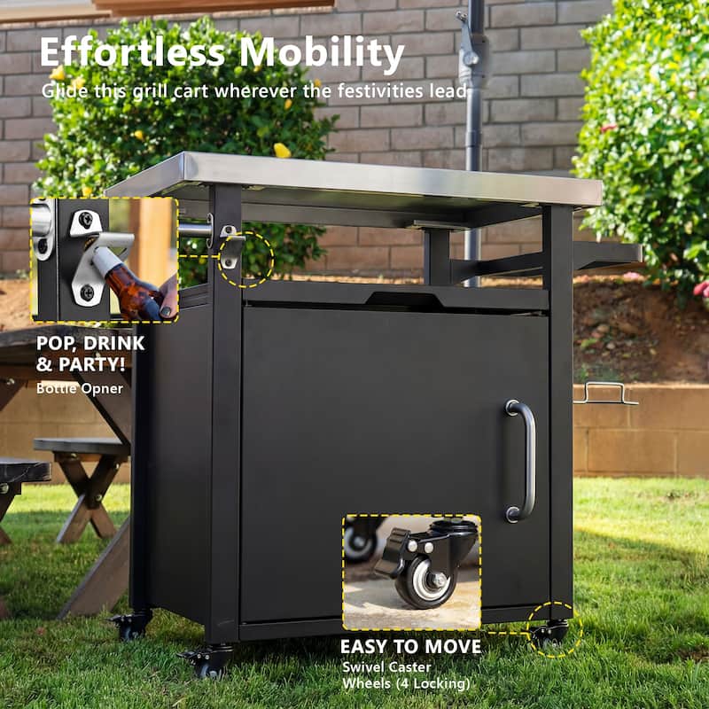 39.5"Outdoor Grill Cart with Storage Cabinet,Bar Cart Pizza Oven Table with Wheels,Stainless Steel Top,with Spice & Paper Rack